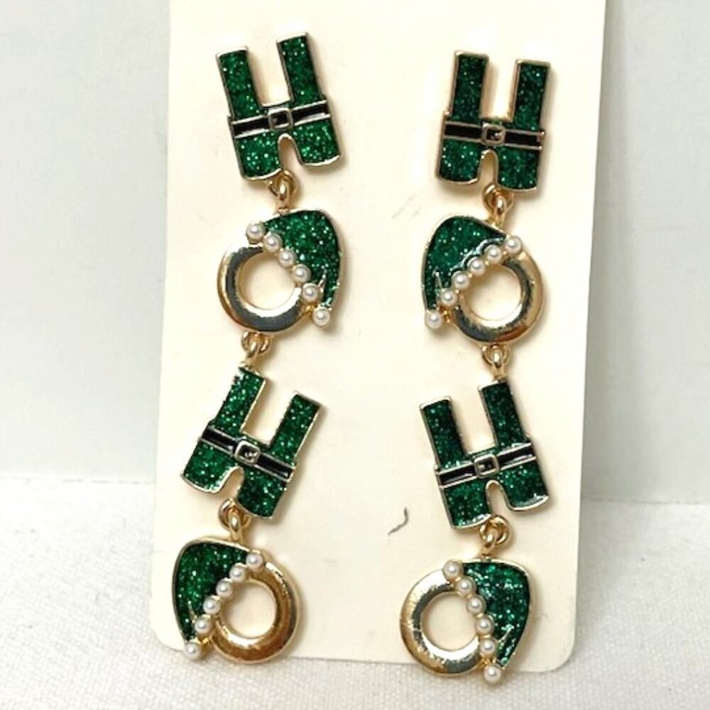 Ho Ho Dangle Earrings Santa Hat Green Enamel Gold Toned Metal Christmas Seasonal